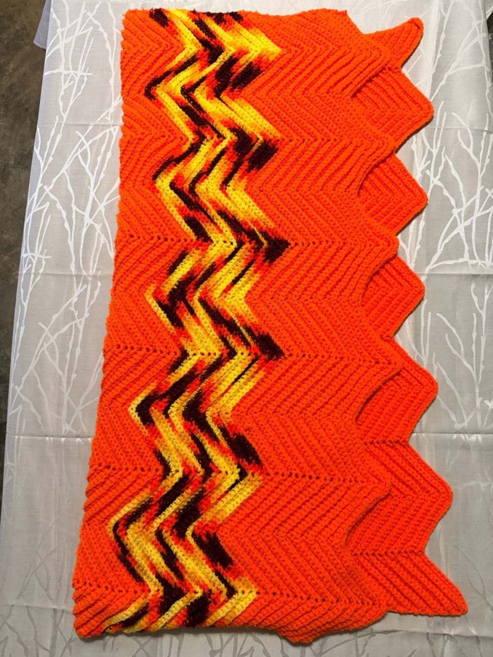 Vtg. Chevron Crochet Style Quilted Throw n Orange & Yellow, little brown & black